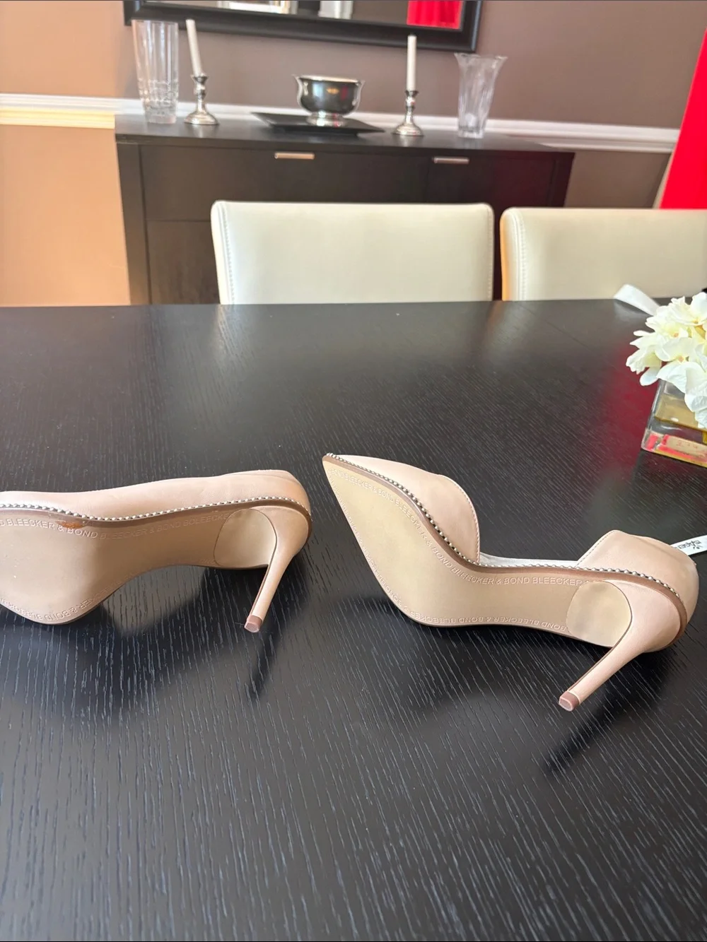 Bleecker & Bond Nude Pointed Leather Pumps with Stud Trim - Picture 4 of 5